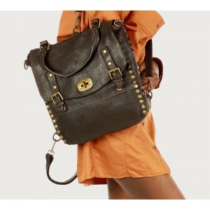 K41 Sac à dos  2 en 1 noir brun cuir vintage pour femme. Sac à dos urbain avec rivets